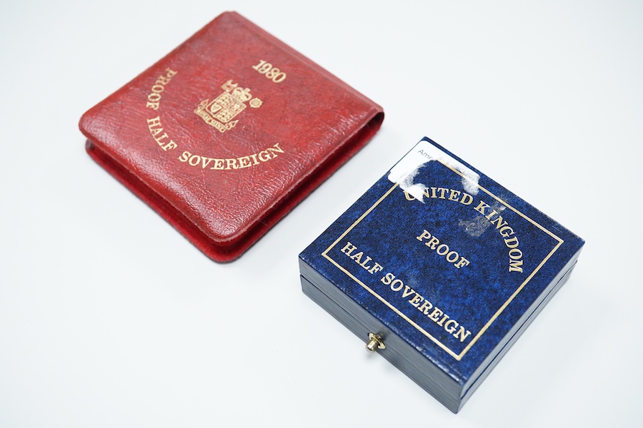 British gold coins, QEII, two proof golf half sovereigns;, 1980, in case of issue (no certificate), and 1994, in case of issue (no certificate)